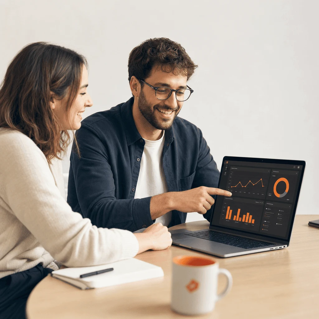 Two colleagues reviewing a working dashboard on a laptop