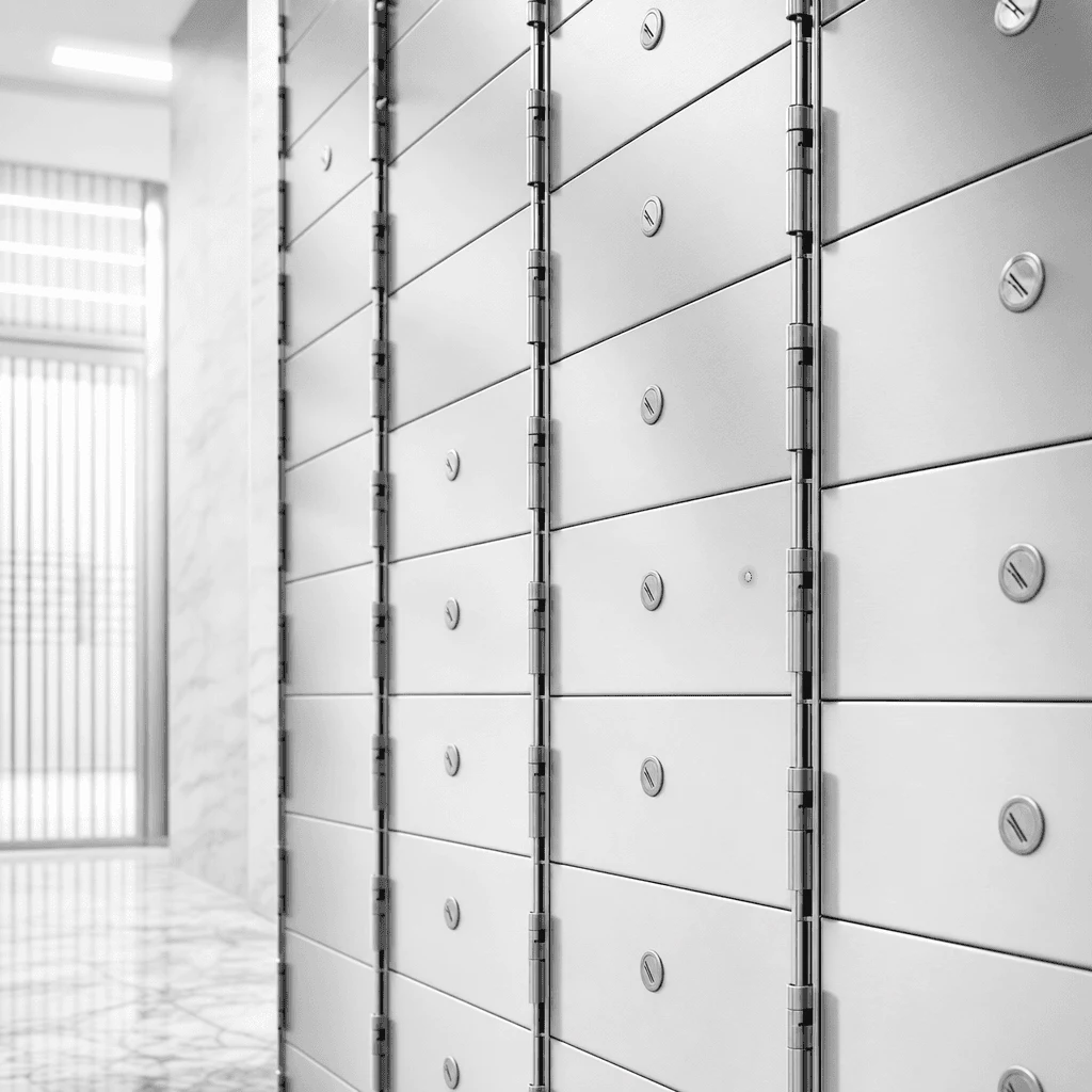 A wall of safe deposit boxes with one glowing status light