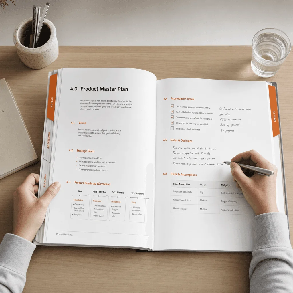 Hands reviewing a printed product master plan with acceptance criteria