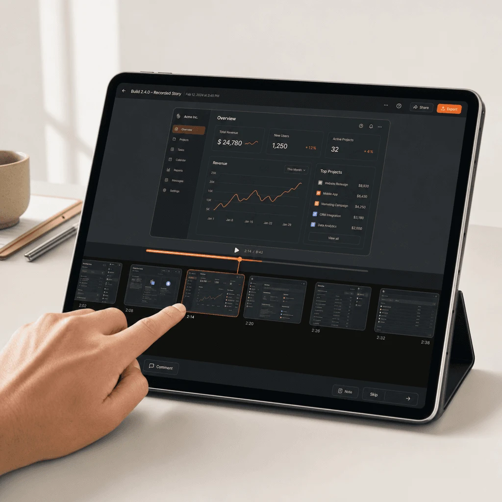 Hand scrubbing a build’s recorded timeline on a tablet