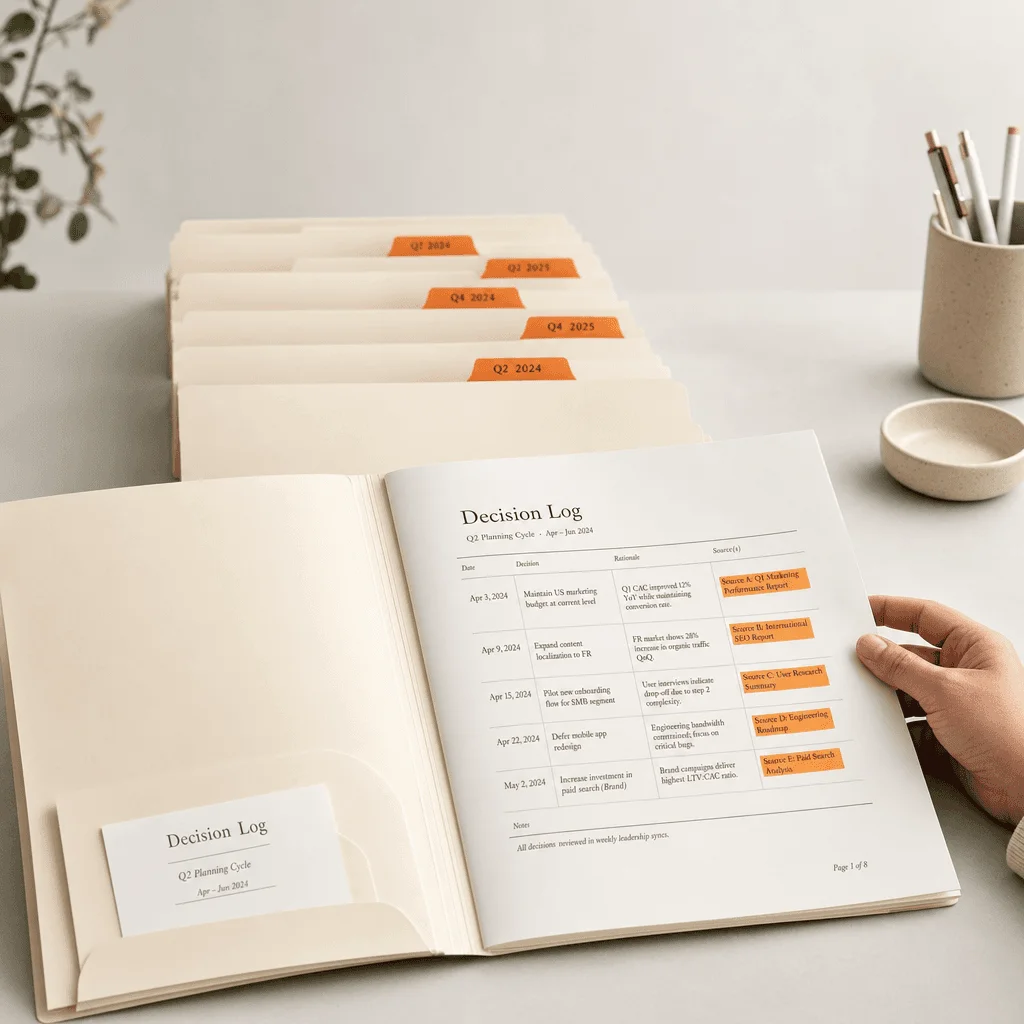 Document folders with orange tabs showing a decision log