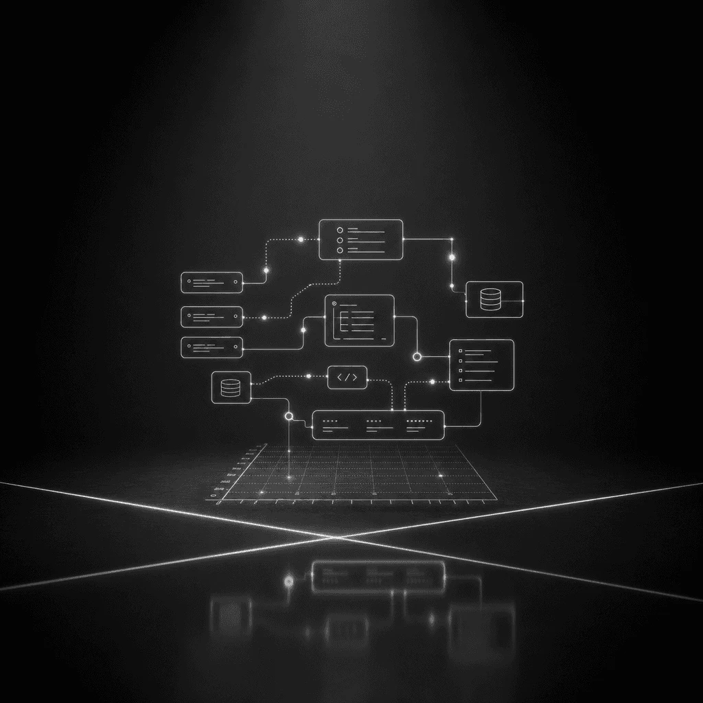 A glowing blueprint of connected services, databases and APIs