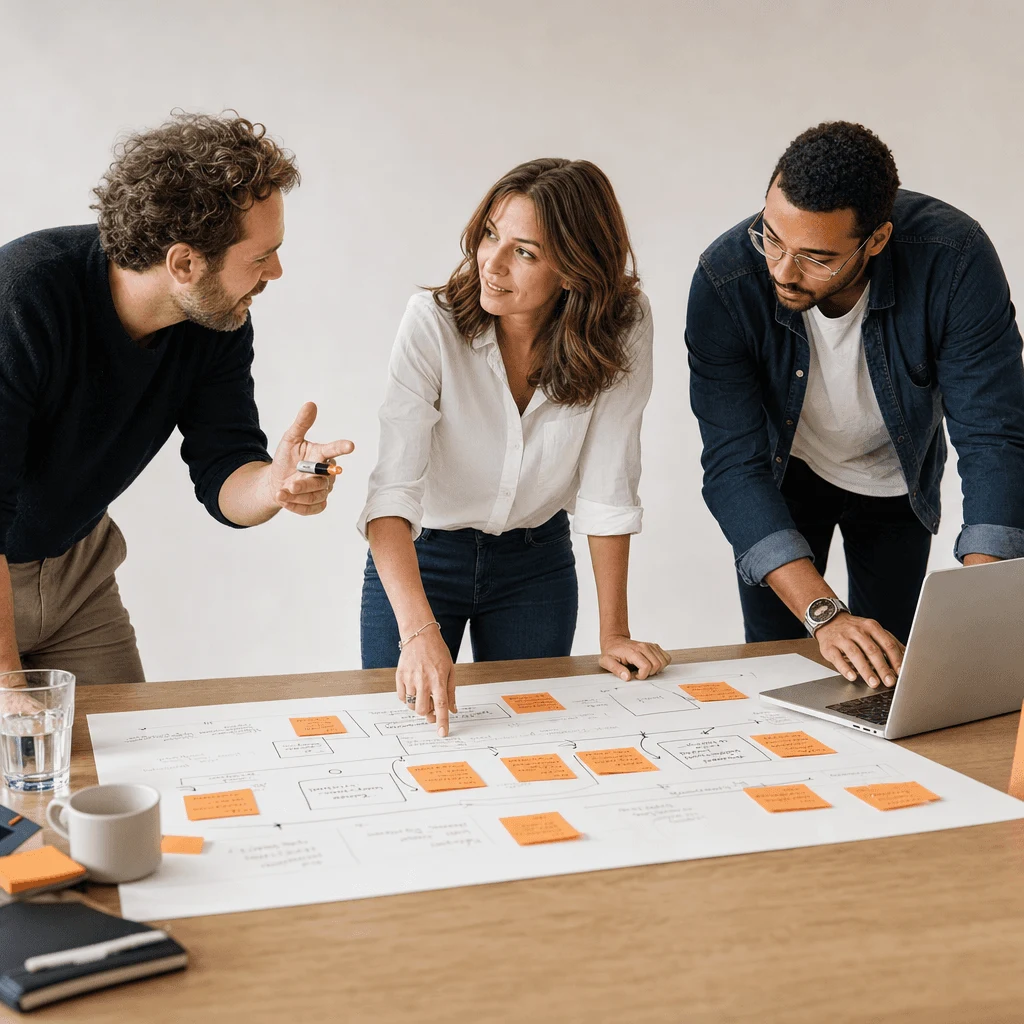 Three colleagues mapping a user journey with sticky notes