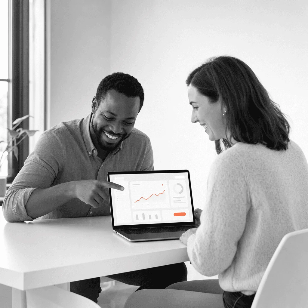 Two colleagues reviewing a claims dashboard on a laptop