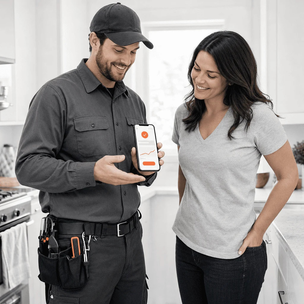 A field technician showing a homeowner a completed work order