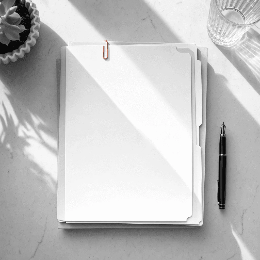 Policy folders with an orange paperclip and a fountain pen
