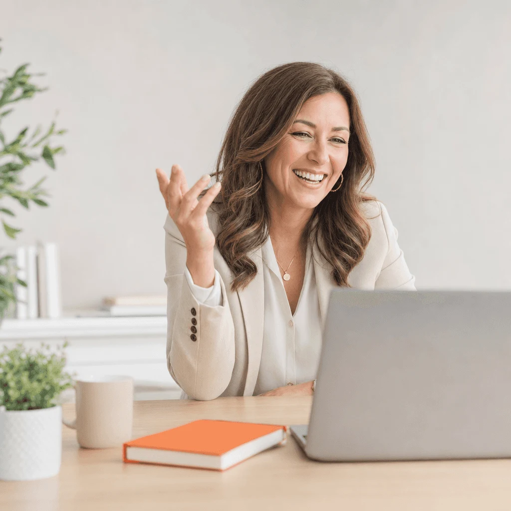 Businesswoman on a video call in a bright workspace