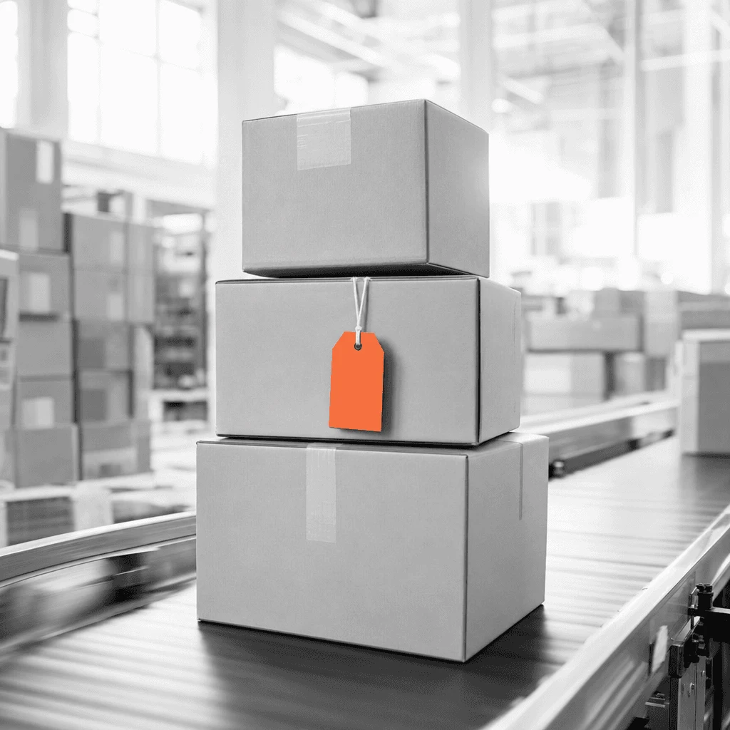 Parcels on a warehouse conveyor with an orange tracking tag
