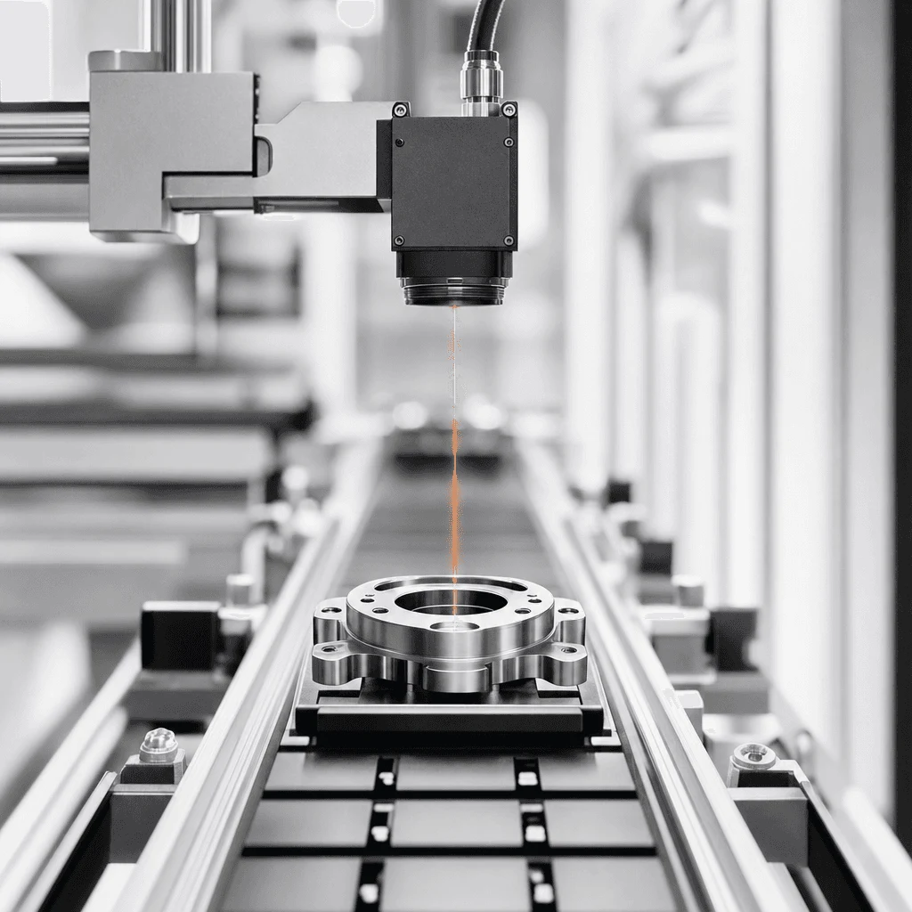 A scanner reading a precision part on an assembly line
