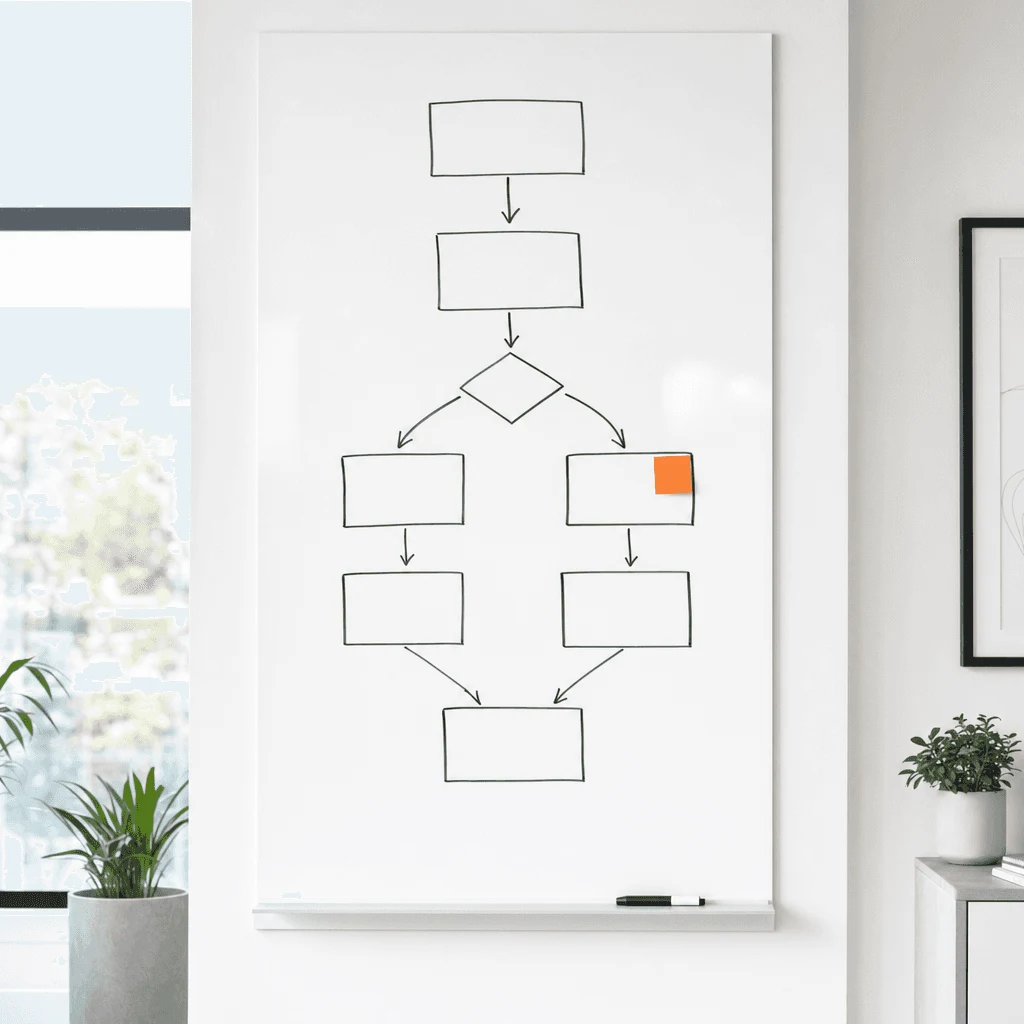 A whiteboard workflow diagram with one orange sticky note