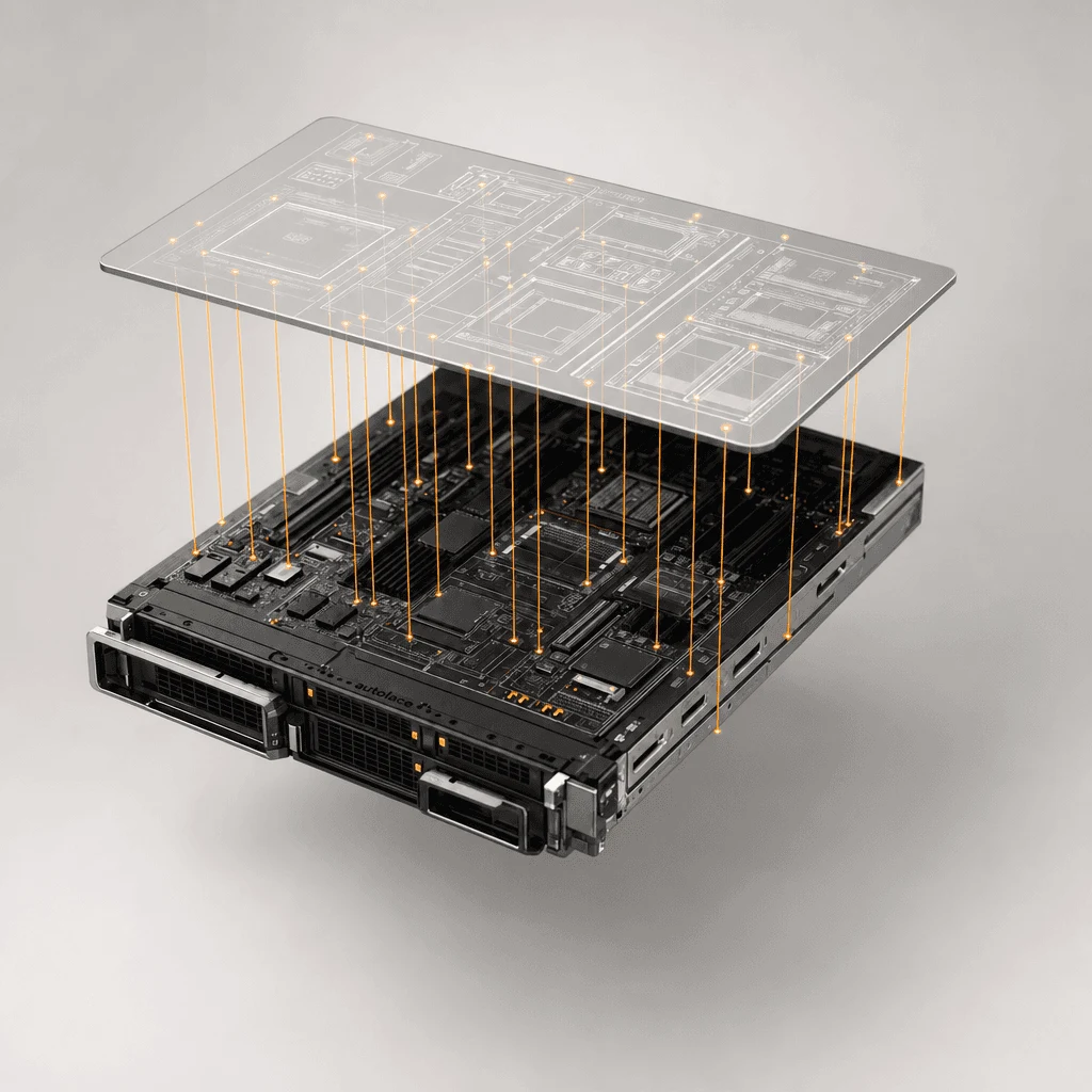 Exploded server component with orange connection lines
